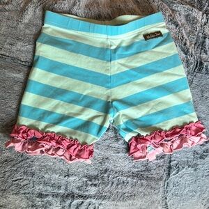 Blue and Green Striped Shorts with Pink Ruffles
Size 10 EUC